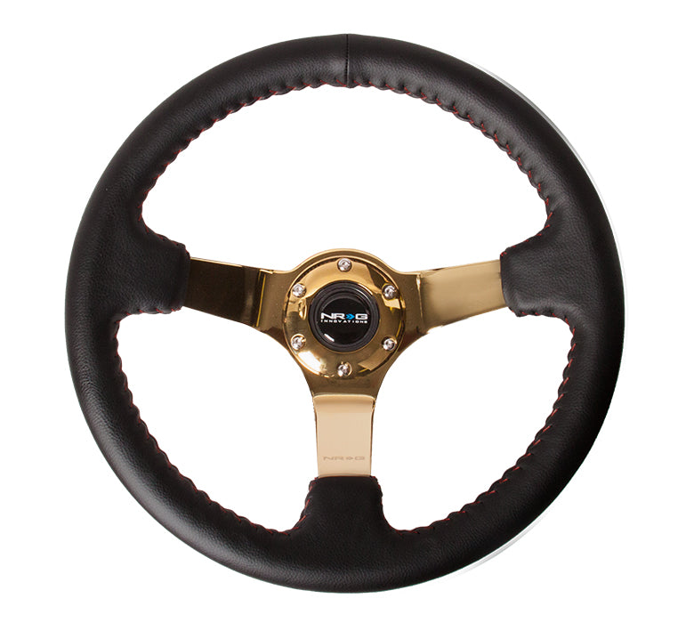 NRG - REINFORCED STEERING WHEEL - (3" DEEP, 4MM ) 350MM SPORT WHEEL - BLACK LEATHER RED BASEBALL STITCH GOLD SPOKE
