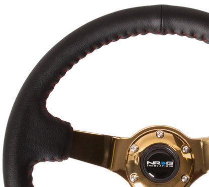 NRG - REINFORCED STEERING WHEEL - (3" DEEP, 4MM ) 350MM SPORT WHEEL - BLACK LEATHER RED BASEBALL STITCH GOLD SPOKE