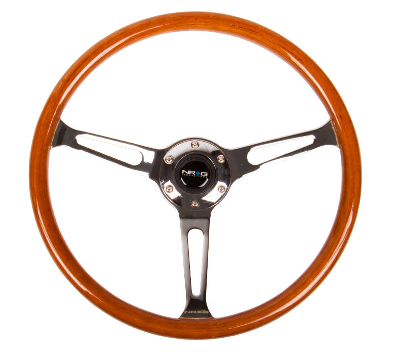 NRG -VINTAGE WOOD STEERING WHEEL REINFORCED VERSION WOOD WHEEL W/ METAL ACCENTS; W/ THREE SPOKE CENTER