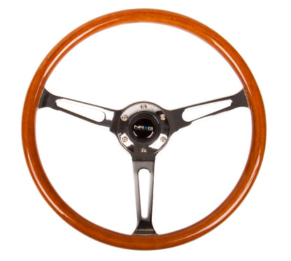 NRG -VINTAGE WOOD STEERING WHEEL REINFORCED VERSION WOOD WHEEL W/ METAL ACCENTS; W/ THREE SPOKE CENTER