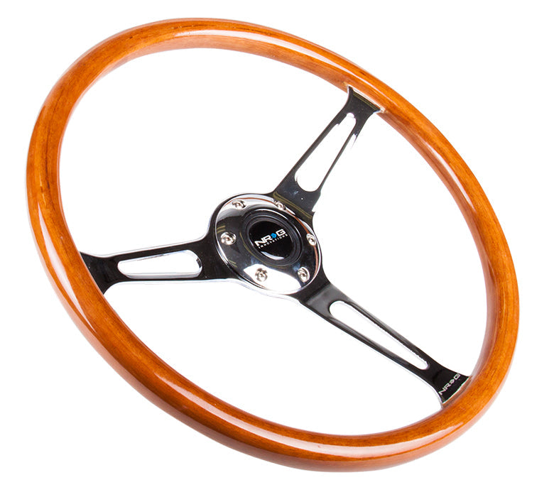 NRG -VINTAGE WOOD STEERING WHEEL REINFORCED VERSION WOOD WHEEL W/ METAL ACCENTS; W/ THREE SPOKE CENTER