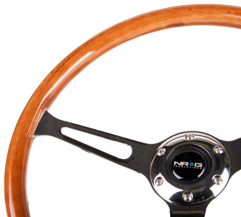 NRG -VINTAGE WOOD STEERING WHEEL REINFORCED VERSION WOOD WHEEL W/ METAL ACCENTS; W/ THREE SPOKE CENTER