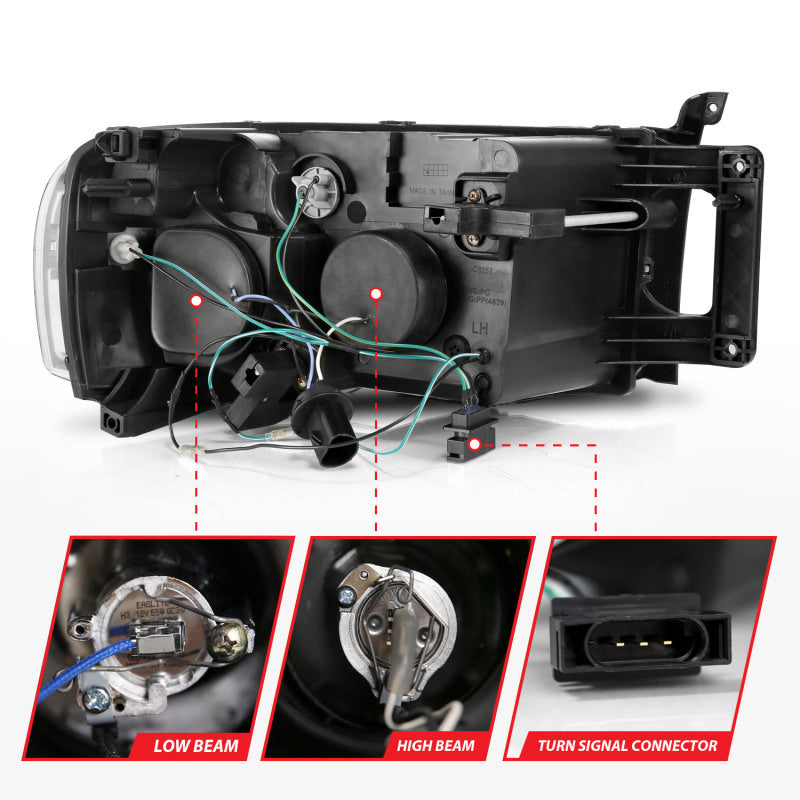 ANZO 2002-2005 Dodge Ram 1500 Projetor Faróis c/ halo preto claro âmbar