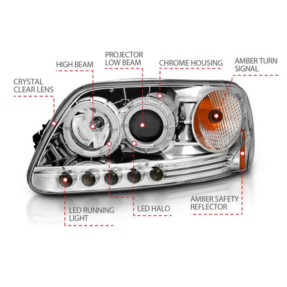 ANZO 1997.5-2003 Ford F-150 Projetor Faróis c/ Halo e LED Cromado 1pc