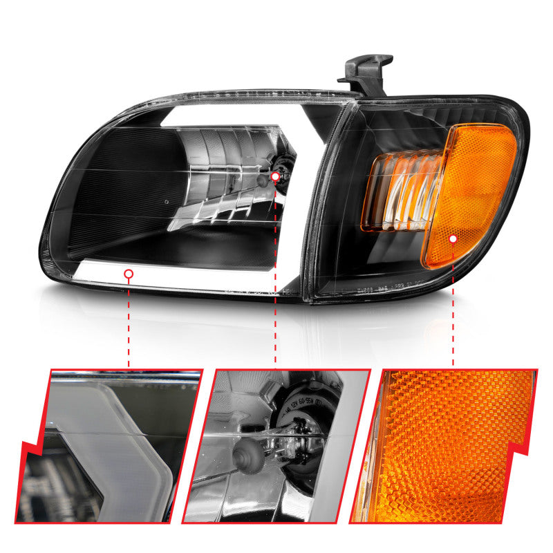 ANZO 00-04 Toyota Tundra (compatível apenas com cabine Reg/Acc) Faróis de cristal com barra de luz preta com luz de canto