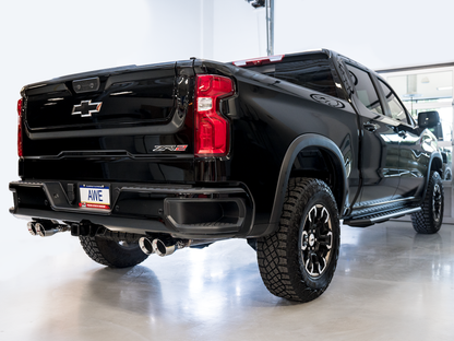 AWE Tuning 22-23 GMC Sierra 1500 AT4X 6.2L 0FG Catback Split Dual (Pára-choque plano) - Pontas cromadas prateadas