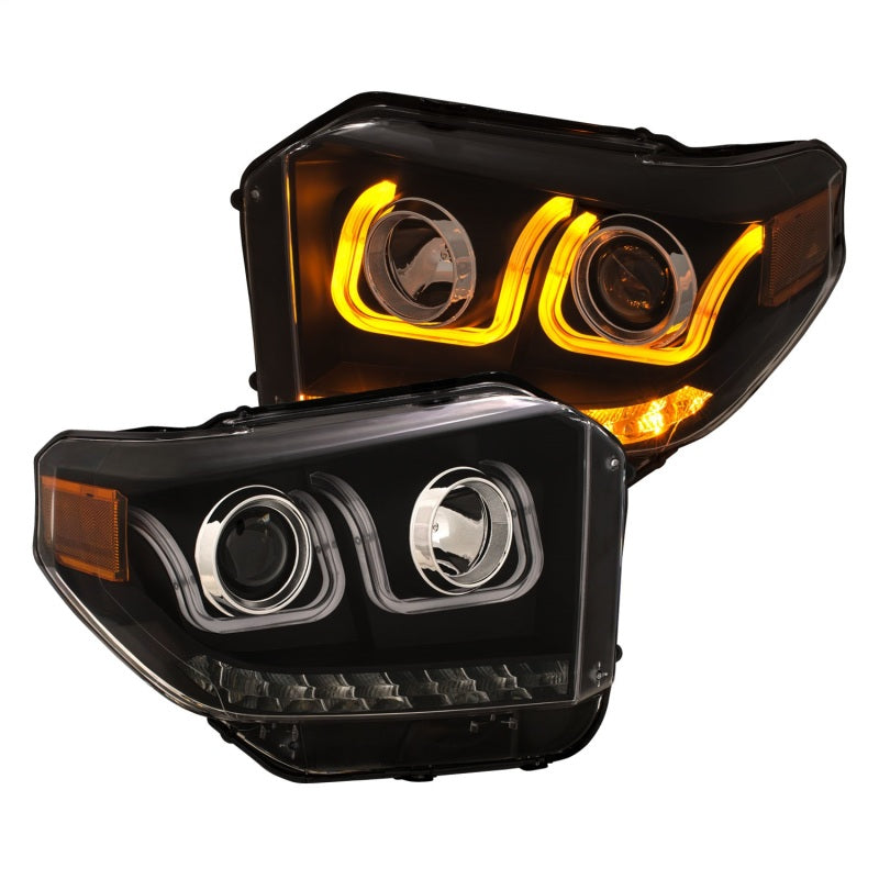 ANZO 14-18 Toyota Tundra w/ LED DRL Projector Headlights w/ U-Bar Switchback Black w/ DRL