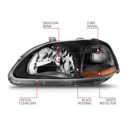 ANZO 1996-1998 Honda Civic Crystal Faróis pretos