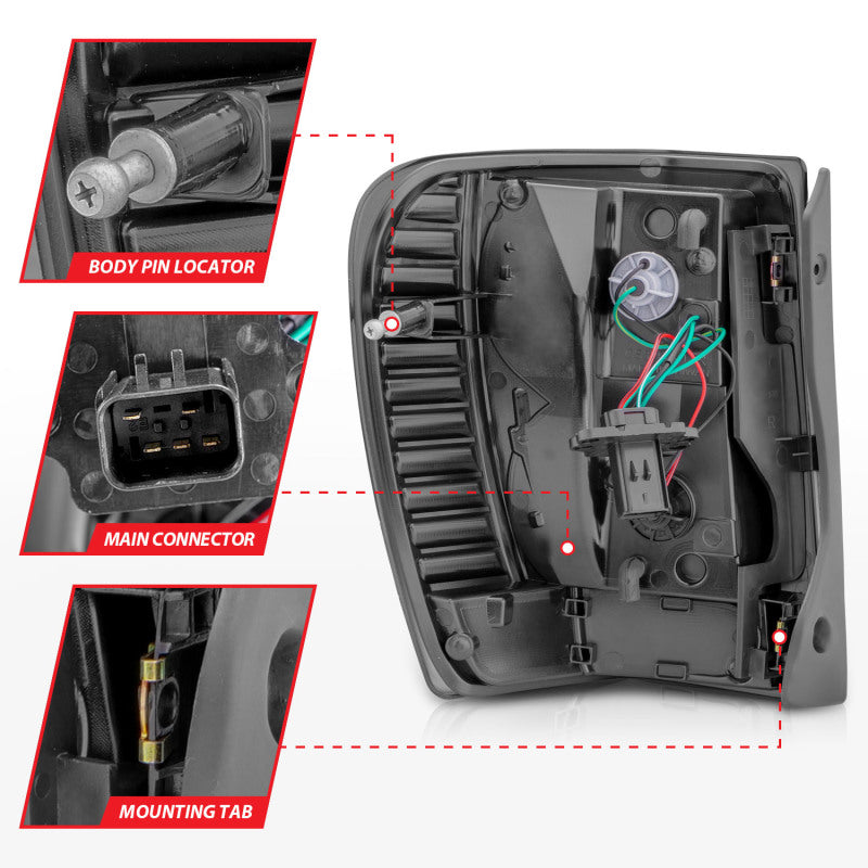 Lanternas traseiras de LED ANZO 1999-2004 Jeep Grand Cherokee com barra de luz preta com lentes fumê