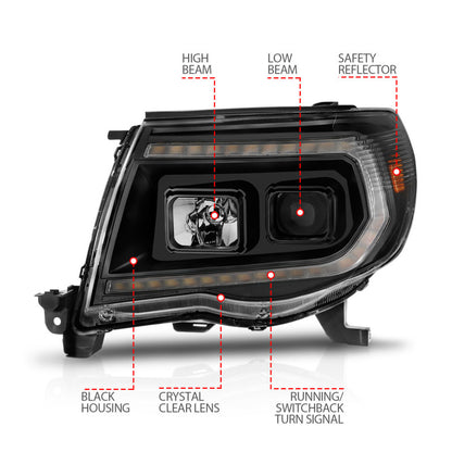 ANZO 05-11 Toyota Tacoma Projetor Faróis com Barra de Luz Switchback Carcaça Preta