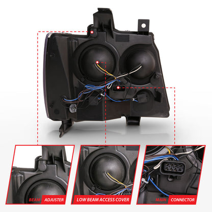 Faróis projetores ANZO 07-14 Chevy Tahoe com design estilo prancha preto com âmbar