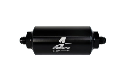 Filtro en línea Aeromotive - (AN-6 macho) Elemento de malla de acero inoxidable de 40 micras Acabado en negro brillante