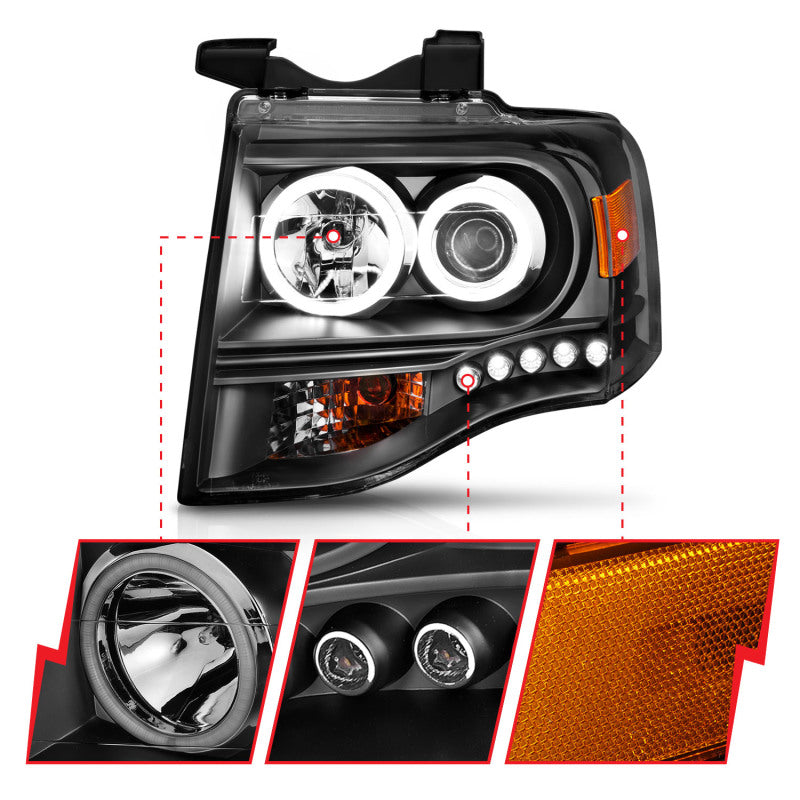 ANZO 2007-2014 Ford Expedition Projetor Faróis com Halo Preto