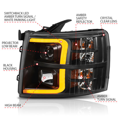 ANZO 07-13 Chevrolet Silverado 1500 Faros delanteros estilo tablón proyector negro con ámbar