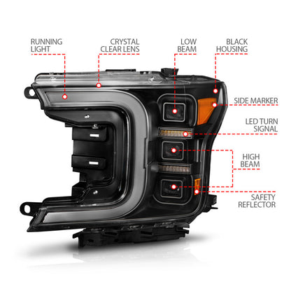 ANZO 18-20 Ford F-150 Full Led Projector Light Bar Headlights Black Amber