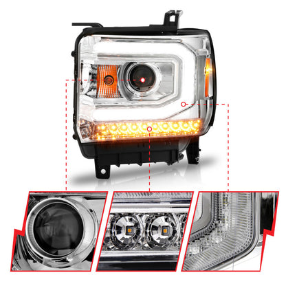 Faróis de projetor ANZO 2014-2015 Gmc Sierra 1500 com caixa cromada de barra de luz (tipo halogênio)