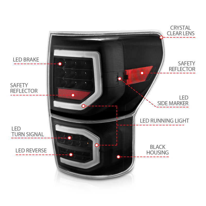 ANZO 2007-2013 Toyota Tundra Lanternas traseiras de LED estilo prancha pretas com lentes transparentes