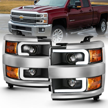ANZO 2015-2016 Chevrolet Silverado Projetor Faróis c/ Plank Style Design Preto c/ Âmbar