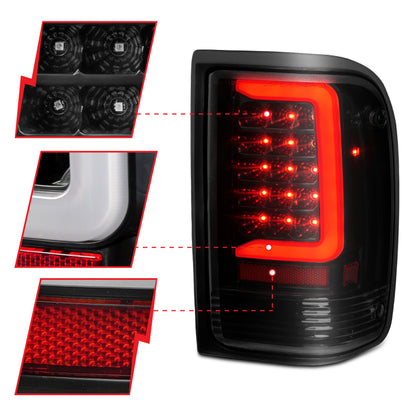 ANZO 1993-1997 Ford Ranger Luces traseras LED con barra de luz Carcasa negra Lente transparente