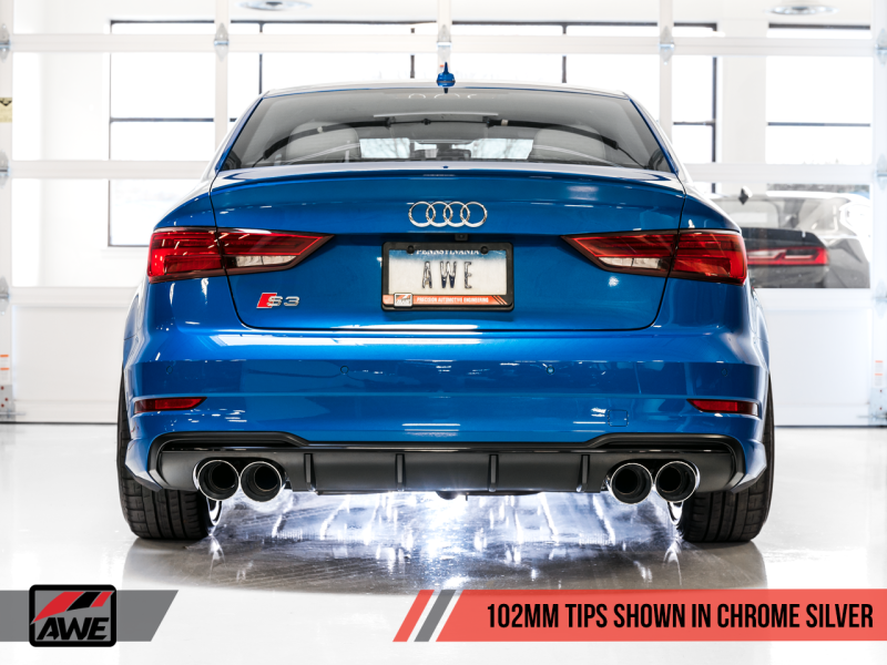 Escape AWE Tuning Audi 8V S3 SwitchPath com ponteiras cromadas 102 mm