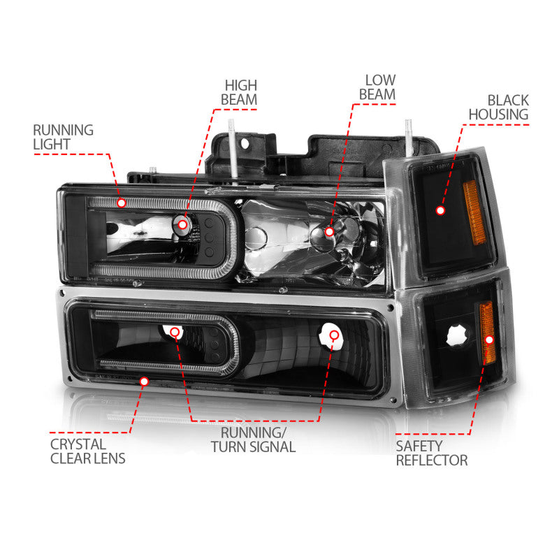 ANZO 88-98 Chevrolet C1500 Faróis de cristal com barra de luz Caixa preta com marcadores laterais de sinal 8 unidades