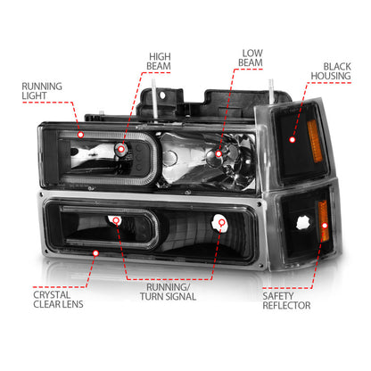 ANZO 88-98 Chevrolet C1500 Faróis de cristal com barra de luz Caixa preta com marcadores laterais de sinal 8 unidades