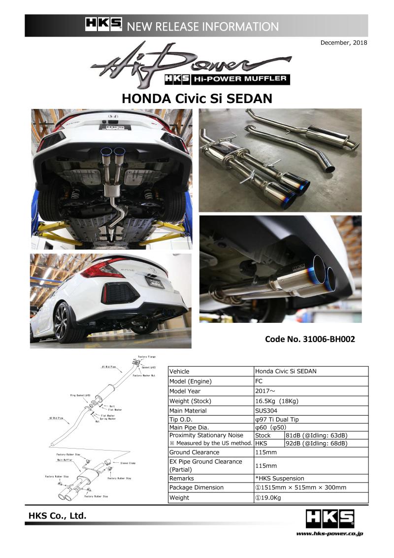 Silenciador de escape de alta potencia HKS 17+ Honda Civic Si Sedan (FC)