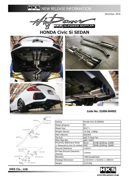Silenciador de escape de alta potencia HKS 17+ Honda Civic Si Sedan (FC)