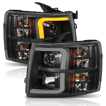 ANZO 07-13 Chevrolet Silverado 1500 Faros delanteros estilo tablón proyector negro con ámbar