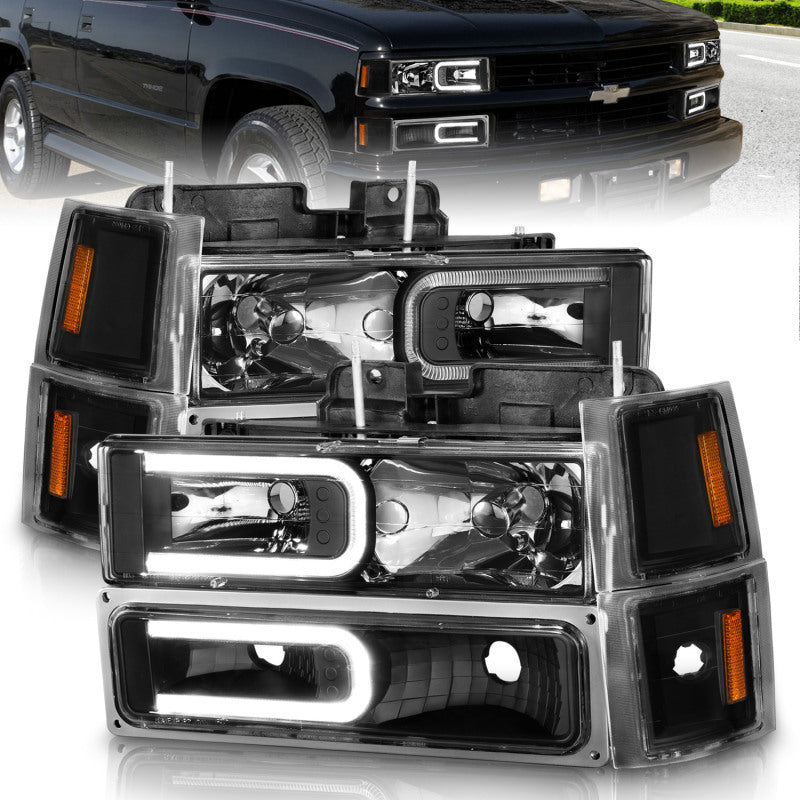 ANZO 88-98 Chevrolet C1500 Faróis de cristal com barra de luz Caixa preta com marcadores laterais de sinal 8 unidades