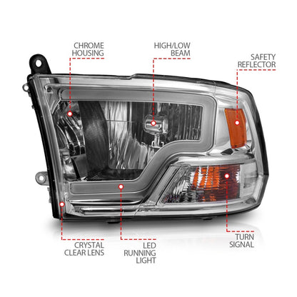 ANZO 2009-2018 Dodge Ram 1500/ 2500/ 3500 Faróis de cristal com barra de luz carcaça cromada