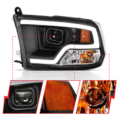 ANZO 09-18 Dodge Ram 1500 Faros delanteros estilo tablón proyector negro con halo
