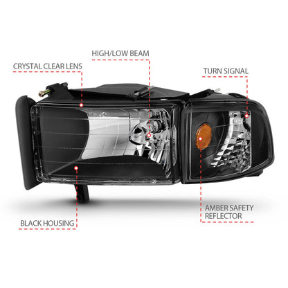 ANZO 1994-2001 Dodge Ram Cristal Faróis Preto