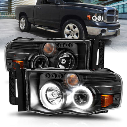 ANZO 2002-2005 Dodge Ram 1500 Projetor Faróis c/ halo preto claro âmbar