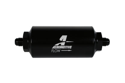 Filtro en línea Aeromotive - (AN-6 macho) Elemento de tela de 10 micras Acabado en negro brillante