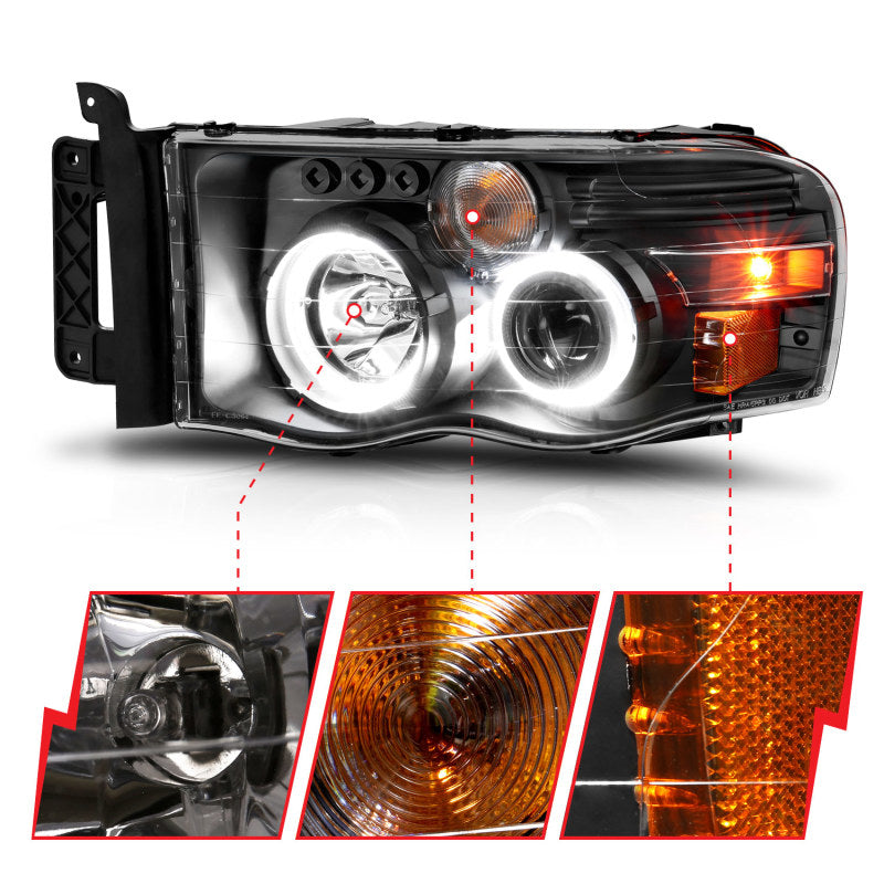 ANZO 2002-2005 Dodge Ram 1500 Projetor Faróis c/ halo preto claro âmbar
