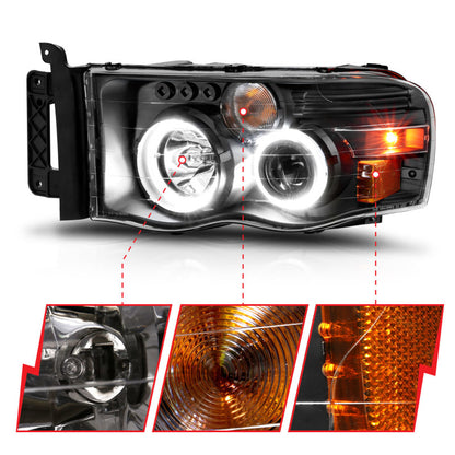 ANZO 2002-2005 Dodge Ram 1500 Projetor Faróis c/ halo preto claro âmbar