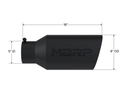 MBRP Punta universal 8in OD Extremo enrollado 5in Entrada 18in Longitud T304 - Negro