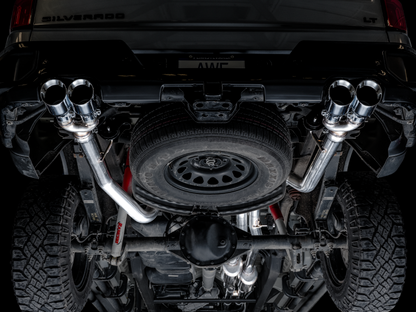 AWE Tuning 4th Gen GM 1500 6.2L 0FG Catback Split Saída traseira (com recortes de pára-choques) - pontas cromadas quádruplas