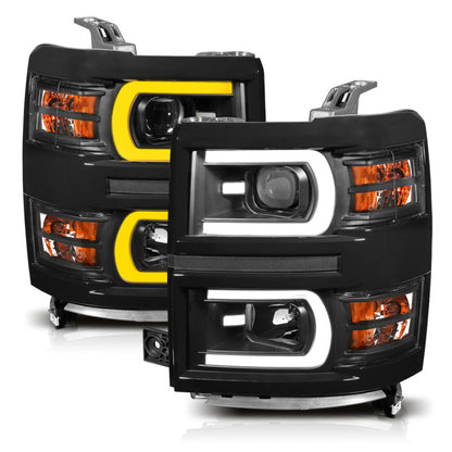 ANZO 14-15 Chevrolet Silverado 1500 Faros delanteros proyectores con estilo tablón Switchback negro con ámbar