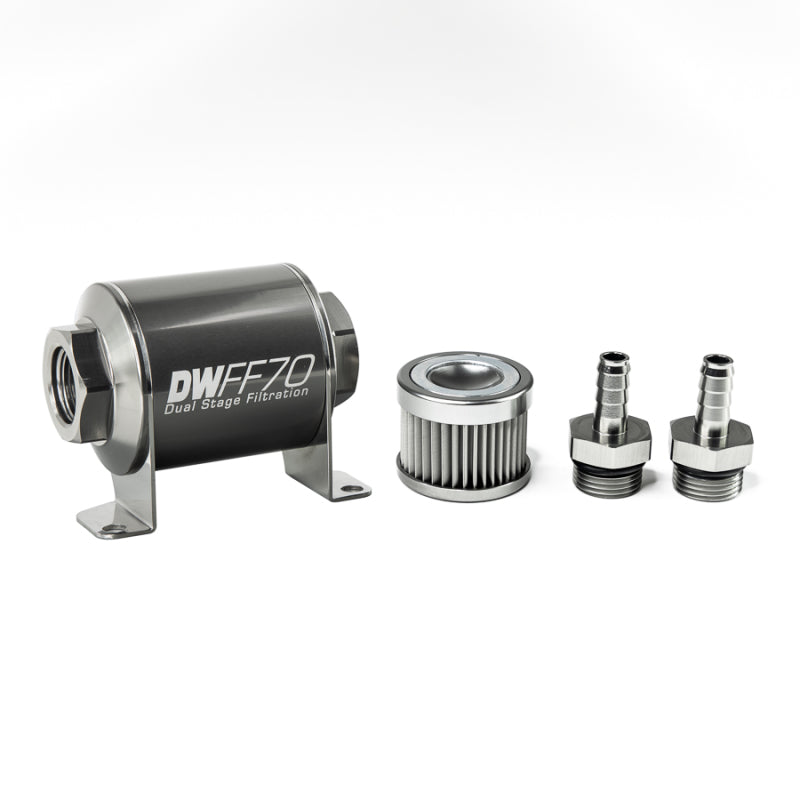 Kit de caixa de filtro de combustível em linha universal DeatschWerks de aço inoxidável 3/8 pol. 10 mícrons (70 mm)