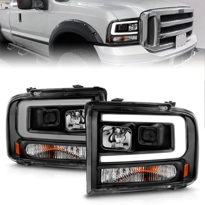 ANZO 99-04 Ford F250/F350/F450/Excursion (excl 99) Faróis de projetor - com caixa de barra de luz preta