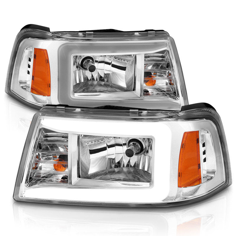 Faróis de cristal ANZO 2001-2011 Ford Ranger c/ barra de luz carcaça cromada