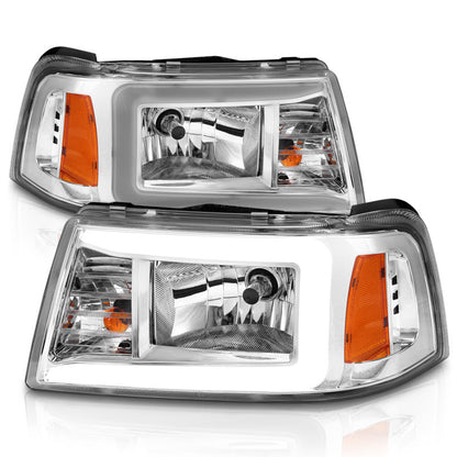 Faróis de cristal ANZO 2001-2011 Ford Ranger c/ barra de luz carcaça cromada