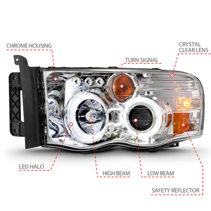 ANZO 2002-2005 Dodge Ram 1500 Faros delanteros proyectores con Halo Chrome Clear Amber