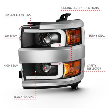ANZO 2015-2016 Chevrolet Silverado Projetor Faróis c/ Plank Style Design Preto c/ Âmbar