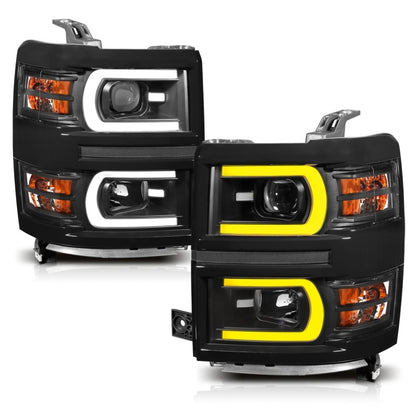 ANZO 14-15 Chevrolet Silverado 1500 Faros delanteros proyectores con estilo tablón Switchback negro con ámbar