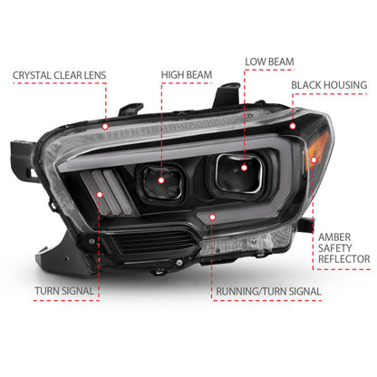 ANZO 2016-2017 Toyota Tacoma Projetor Faróis c/ Plank Style Switchback Preto c/ Âmbar c/ DRL