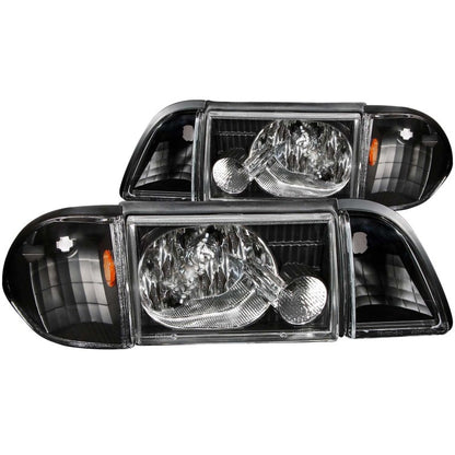 ANZO 1987-1993 Ford Mustang Cristal Faróis pretos com luzes de canto 3 peças
