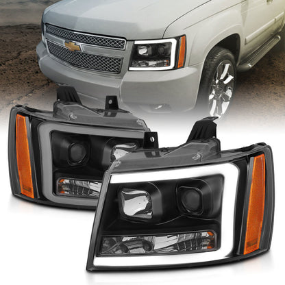 Faróis projetores ANZO 07-14 Chevy Tahoe com design estilo prancha preto com âmbar